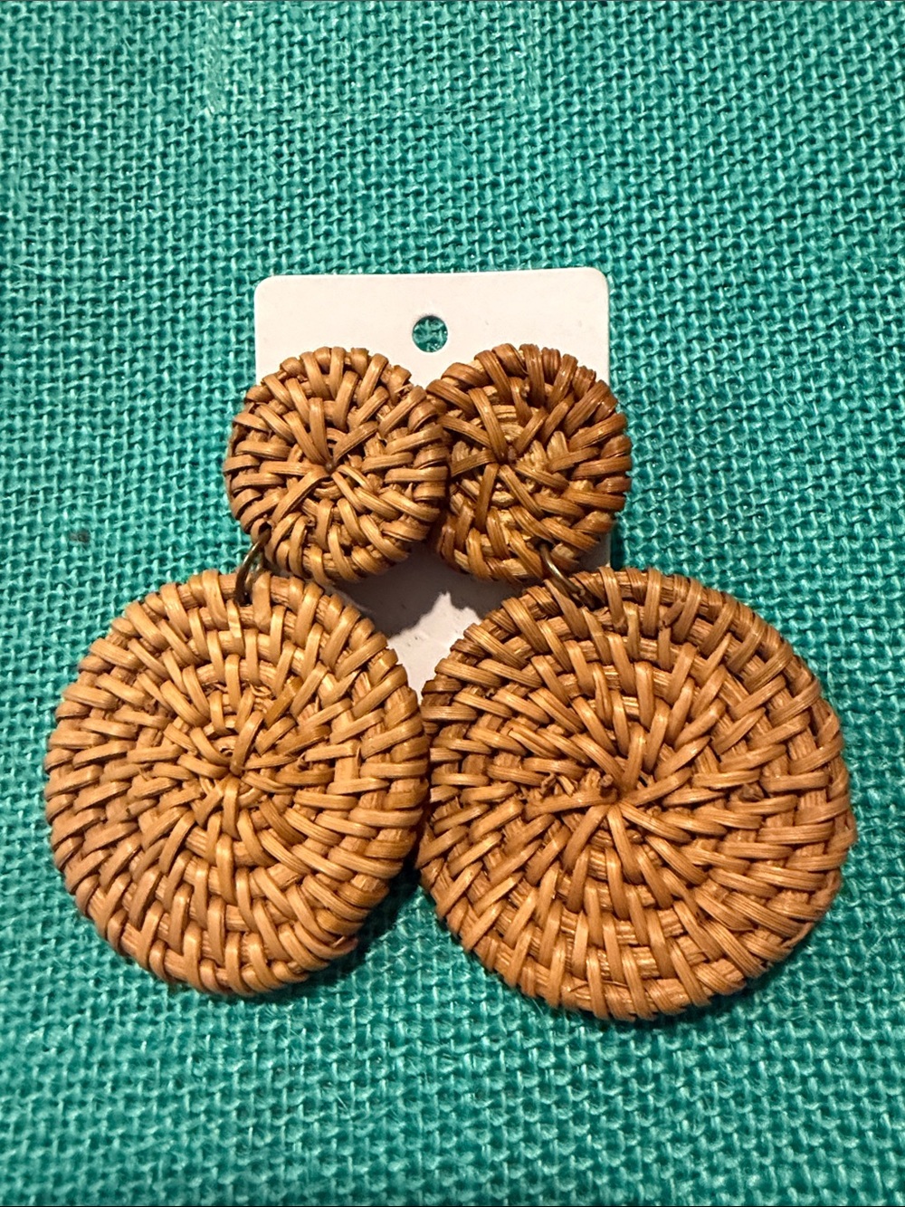 Handwoven Rattan Double Disc Drop Earrings - Natural Brown
